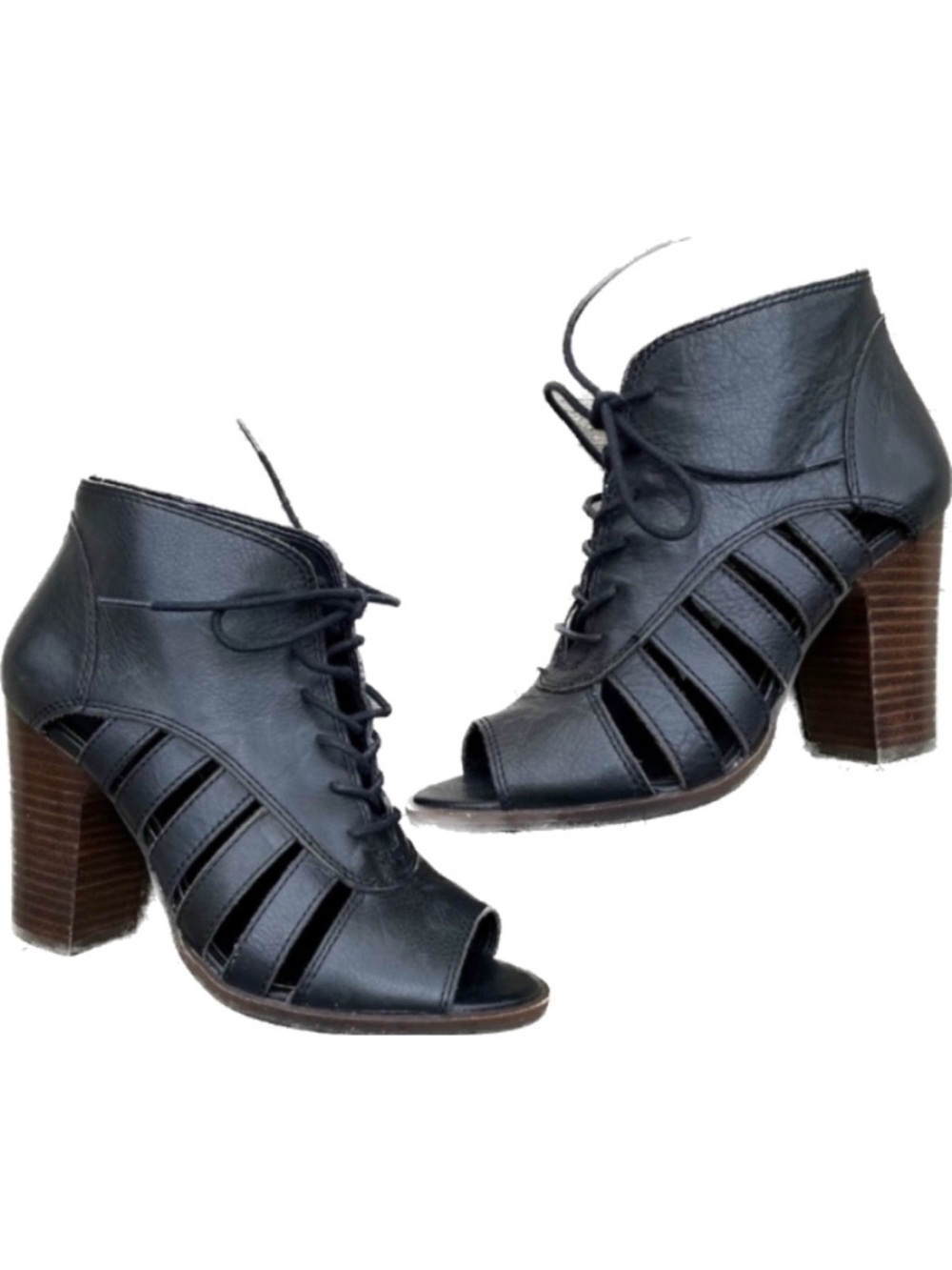 Lucky Brand Linnza Leather Booties Boots Open Toe Lace Ups Sz 9 US